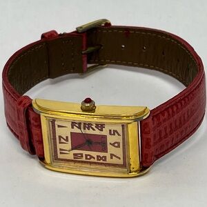 Vintage Guess Hong Kong Women’s Watch Tank Red Leather Band Gold Bezel Ladies